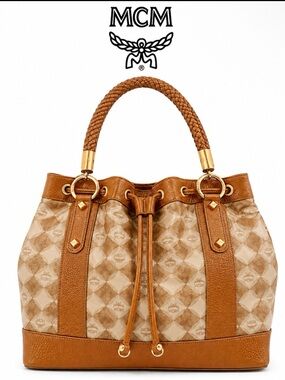 MCM Tan Diamond-Check Drawstring Bucket Bag